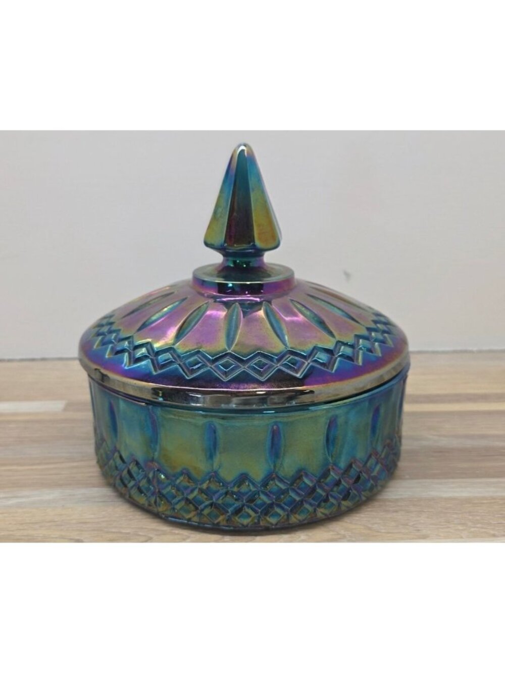 Vintage Indiana Glass Blue Carnival Glass Princess Lidded Candy Dish Collectible